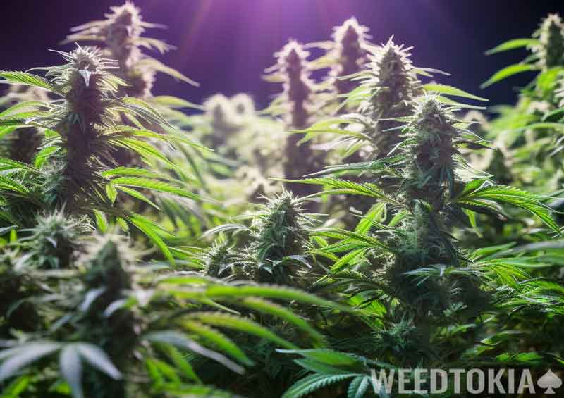 Equally sized marijuana plants at grow room