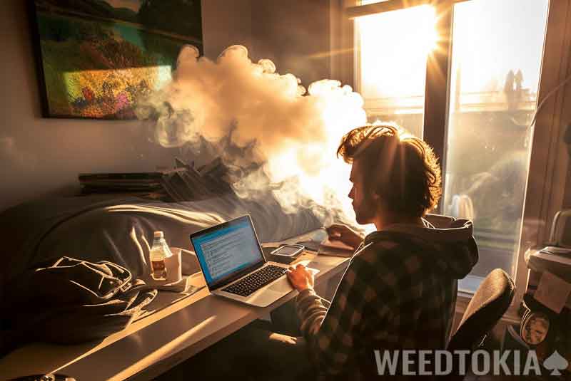 Guy working on his laptop and smoking weed