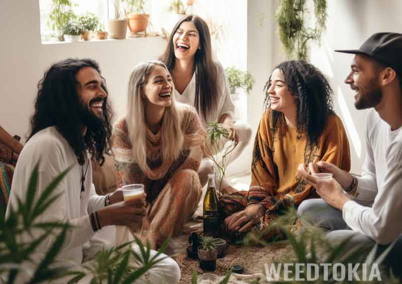 Hippie group discussing cannabis