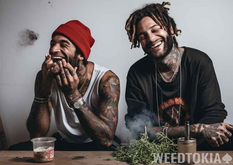 Tattooed stoner buddies joking