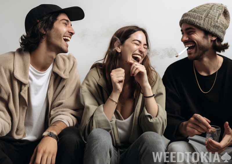 Three friends laughing and smoking