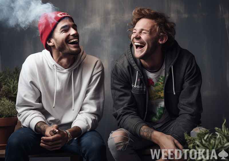Two buddies laughing at a grow room