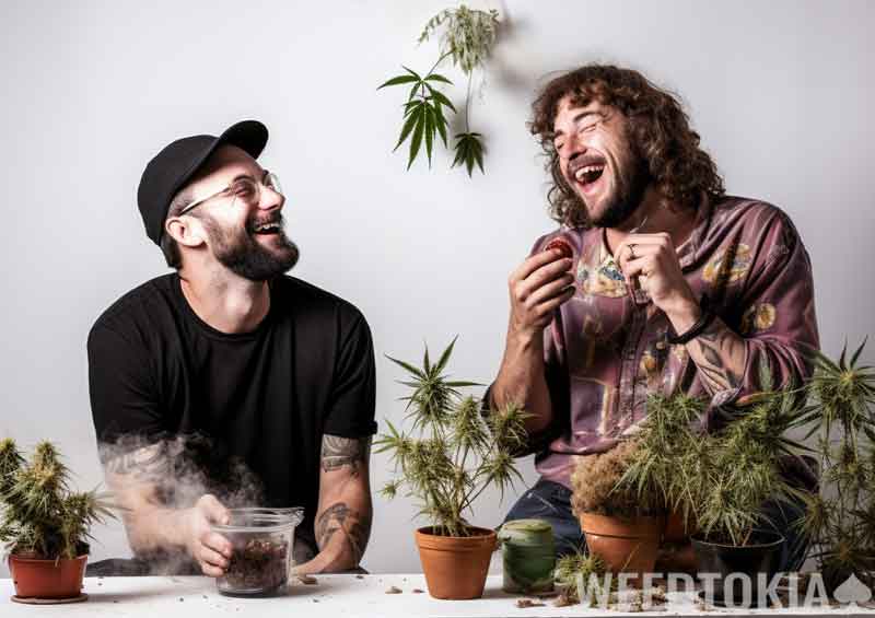 Two hippie friends laughing
