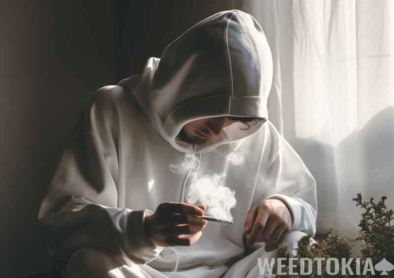 Guy smoking a pre-roll at home