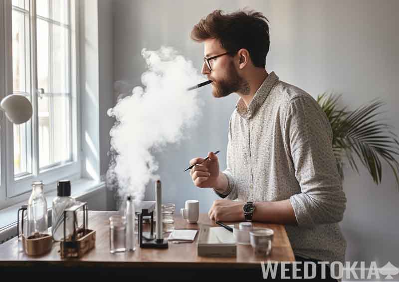 Man in a minimalist apartment smoking using a Dab Pen
