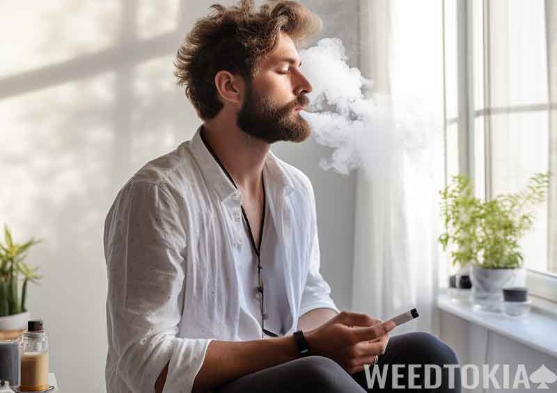 Man smoking and looking out of his window