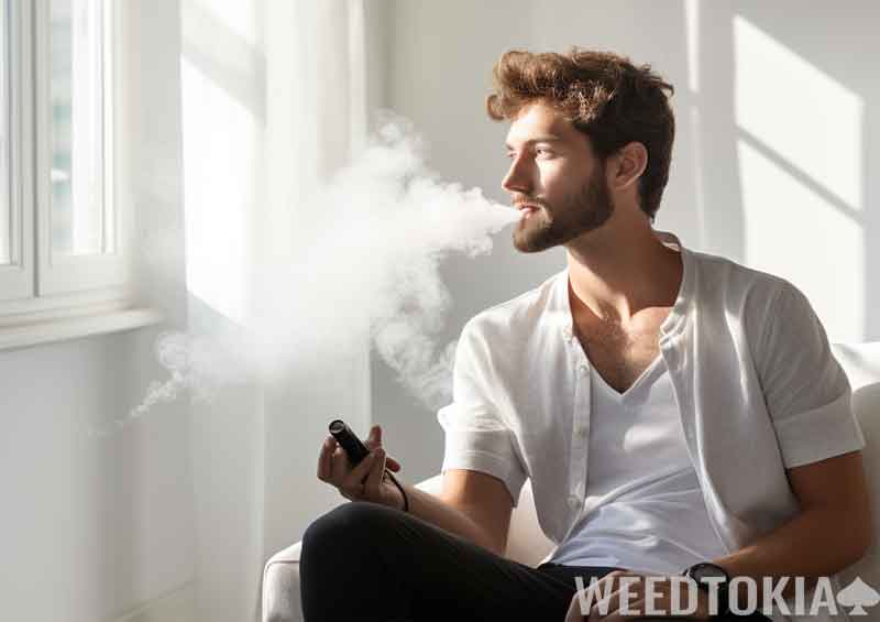 Young man smoking and looking out the window