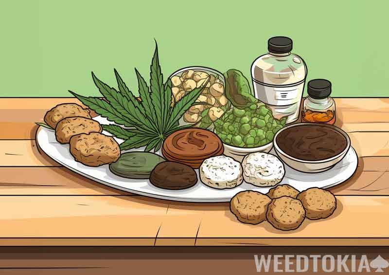 Cartoon illustration of THC infused foods on a table