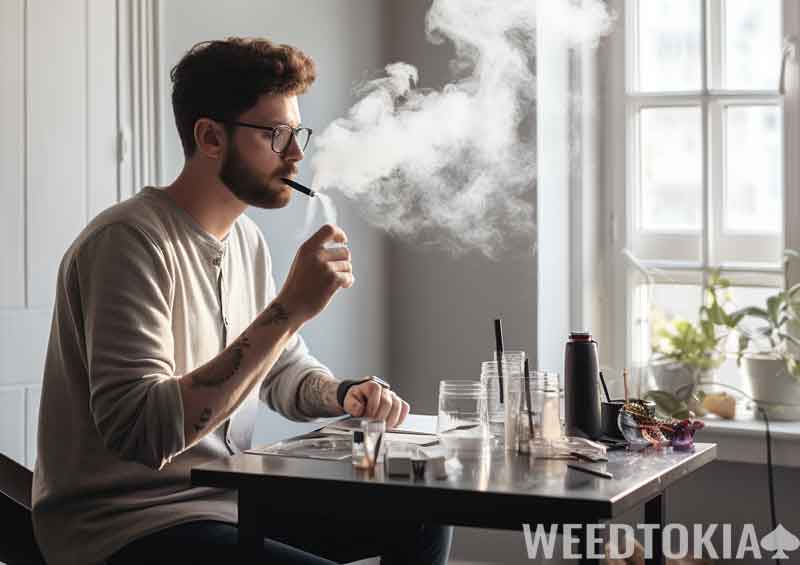 Man smoking out of a dab pen at home