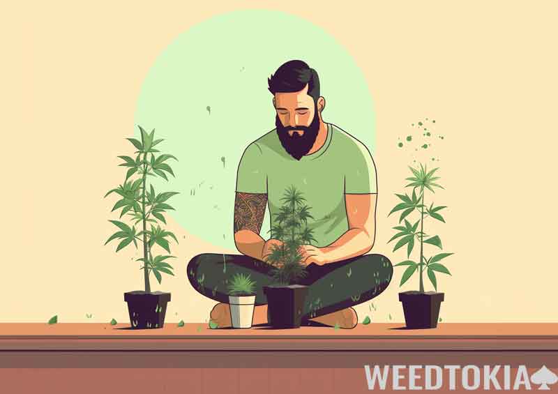 A man tending to his hybrid strains at home cartoon illustration