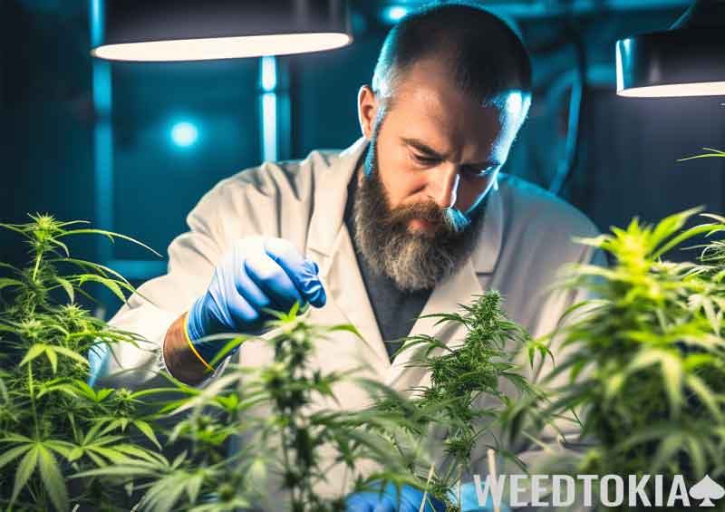 Technician cross-breeding cannabis plants at a lab